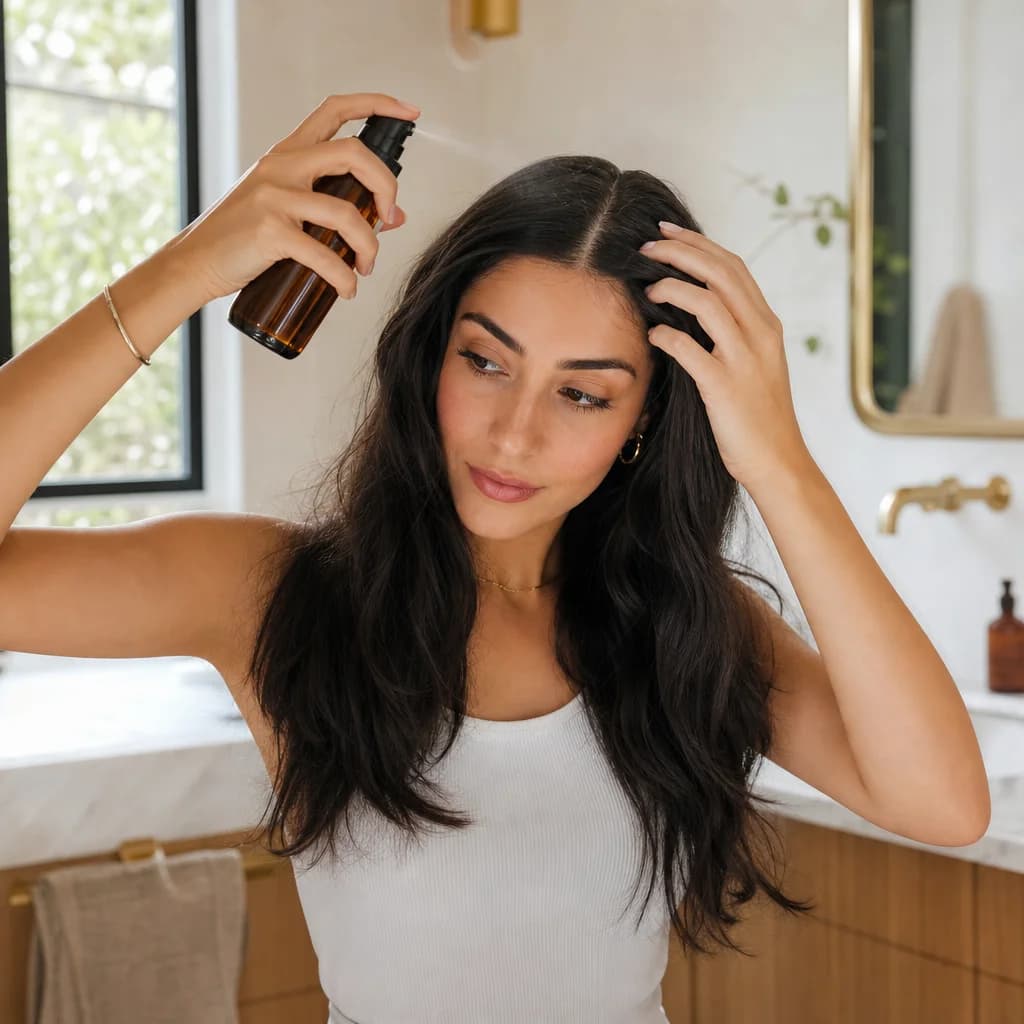 Applying Rosemary Rice Water Hair Spray
